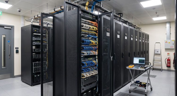 a standard enterprise server room inside a large corporate office building in London